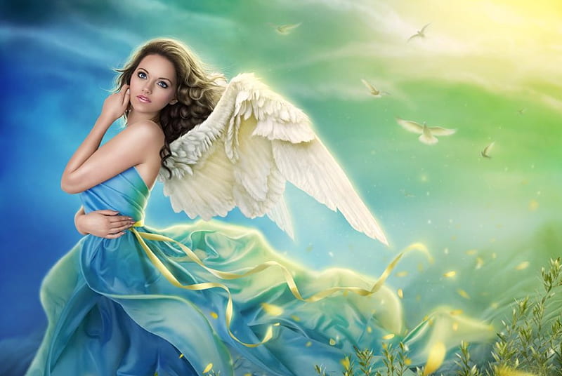 Beautiful dreamer, sun, dreams, magic, hair, fantasy, beauty, stare, amazing, thoughts, sunny day, wings, dreamer girl, angel, ribbon, colors, birds, colorful dress, lovely face, girl, sunshine, eyes, HD wallpaper