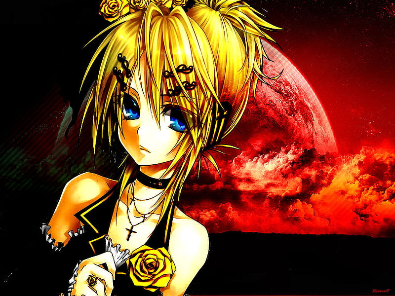Kagamine Rin, red, pretty, yellow, bonito, clouds, moon, anime, kagamine, vocaloids, blue eyes, vocaloid, necklace, black, lolita, sky, headset, hair pins, rin, red moon, flower, cross, HD wallpaper
