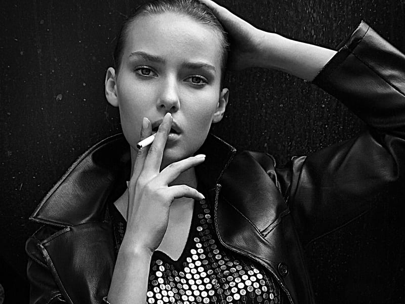 Adriana, model, jacket, dark, black, smoke, HD wallpaper