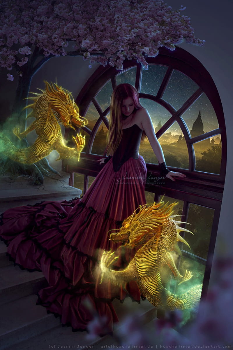 Golden Dragons Fantasy Woman Hd Phone Wallpaper Peakpx