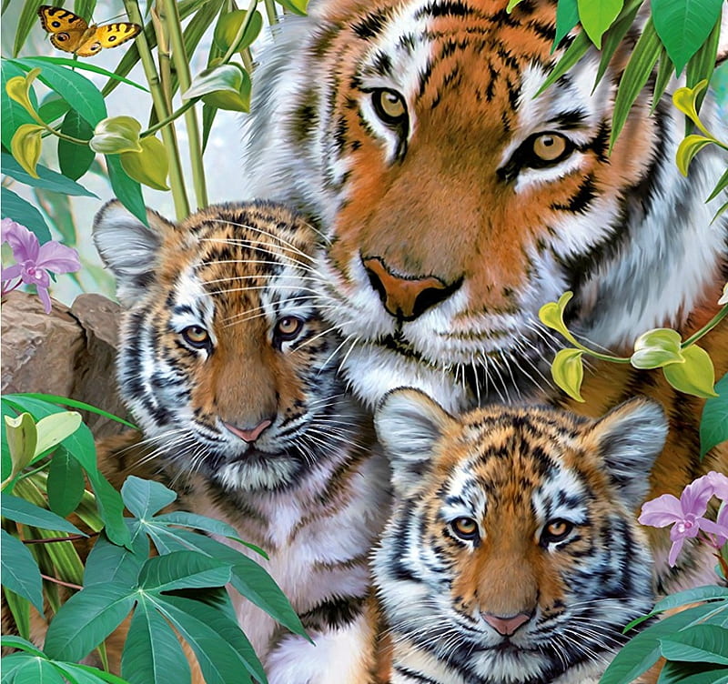 Tigers, family, art, luminos, tiger, mother, baby, animal, cute, fantasy,  summer, HD wallpaper