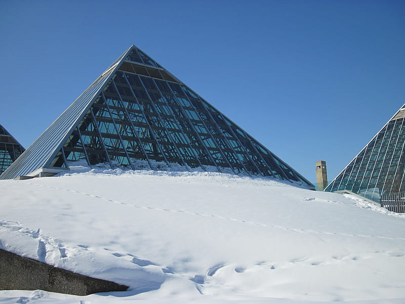 Muttart Conservatory of Edmonton 02, graphy, snow, pyramids, sky, blue, Winter, HD wallpaper