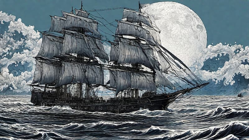 Sailing On A Full Moon, ship, moon, full, ocean, HD wallpaper