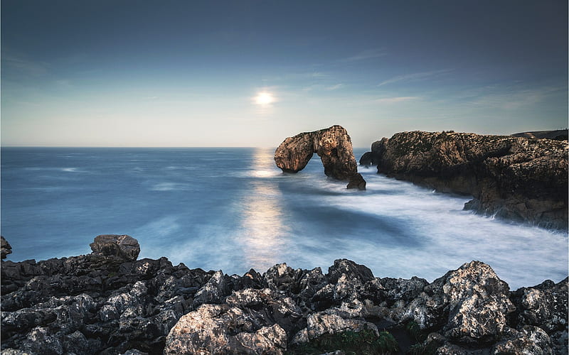 Bay of Biscay, cliff arch, coast, Atlantic Ocean, cliffs, Spain, Asturias, Villahormes, HD wallpaper