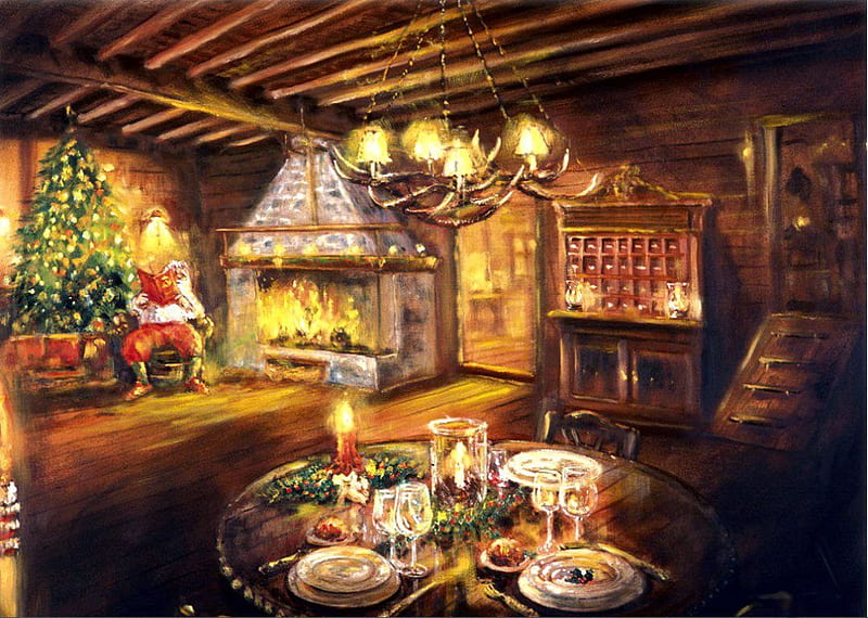 Santa Waiting for Christmas, ornaments, tree, painting, room, artwork, light, HD wallpaper