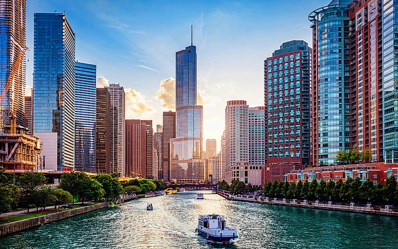 Chicago River, modern buildings, american cities, Illinois, Chicago, America, Chicago at summer, USA, City of Chicago, Cities of Illinois, HD wallpaper