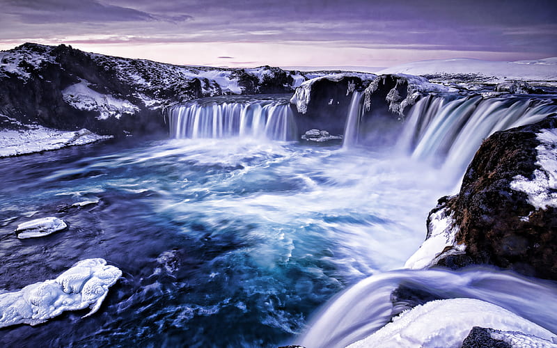 Godafoss in winter, cliffs, beautiful nature, Icelandic landmarks, waterfall, Godafoss, Iceland, Europe, HD wallpaper