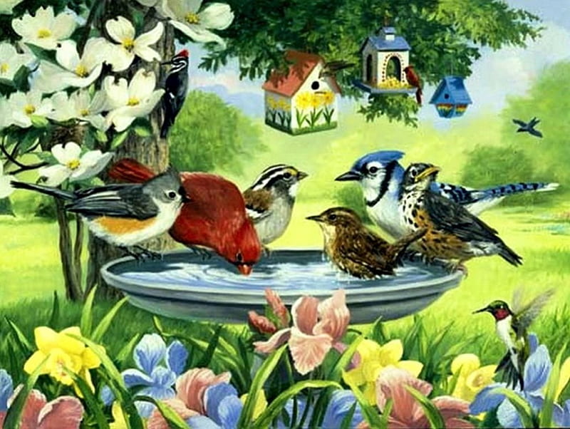Bird's Paradise, house, water, painting, flowers, songbirds, artwork, HD wallpaper