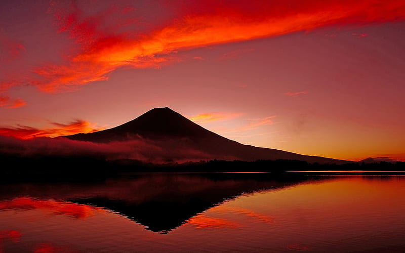 Mount Fuji Reflectied in Lake, japan, calm, dusk, sunset, red sky, HD wallpaper