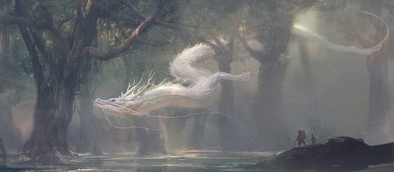 White dragon, forest, xiaodi jin, art, water, fantasy, luminos, white, dragon, tree, HD wallpaper
