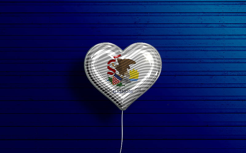 I Love Illinois, realistic balloons, blue wooden background, United States of America, Illinois flag heart, flag of Illinois, balloon with flag, American states, Love Illinois, USA, HD wallpaper