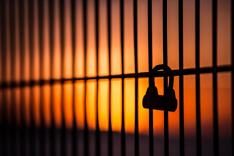 lock, fence, sunset, dark, HD wallpaper