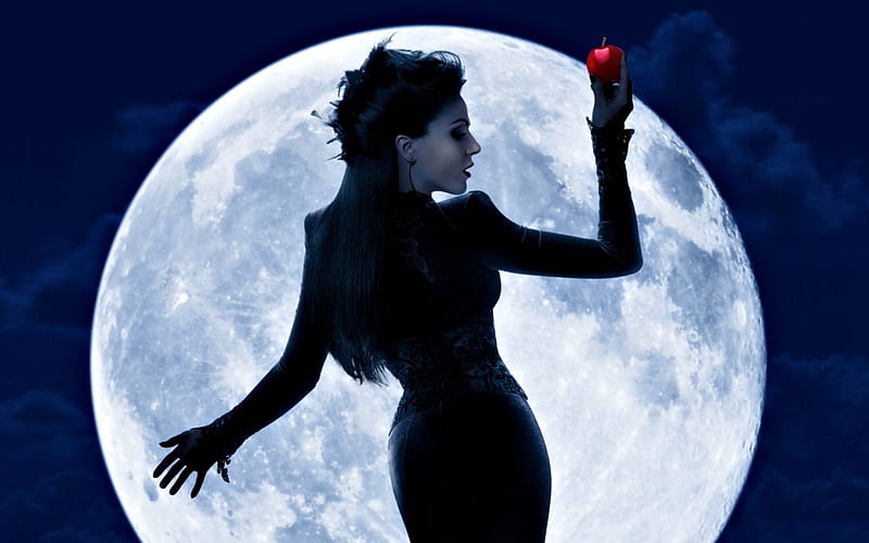 Once Upon a Time (2011– ), apple, red, luminos, black, woman, Once Upon a Time, fruit, Lana Parrilla, fantasy, moon, girl, Regina Mills, actress, tv series, blue, night, HD wallpaper