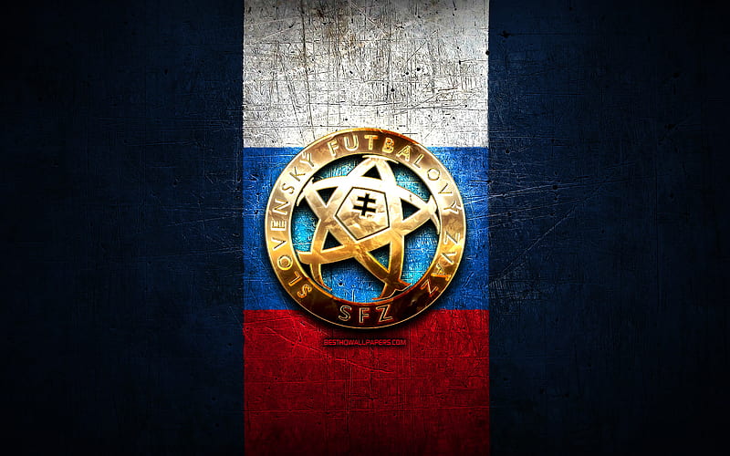 Slovakia National Football Team, golden logo, Europe, UEFA, blue metal background, Slovak football team, soccer, SFZ logo, football, Slovakia, HD wallpaper