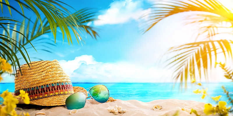 Summer Beach, beach, Leaves, Hat, Sunglass, Relaxing, HD wallpaper