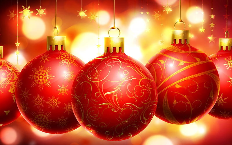 Merry Christmas, red ball, christmas decorations, Happy New Year, HD wallpaper