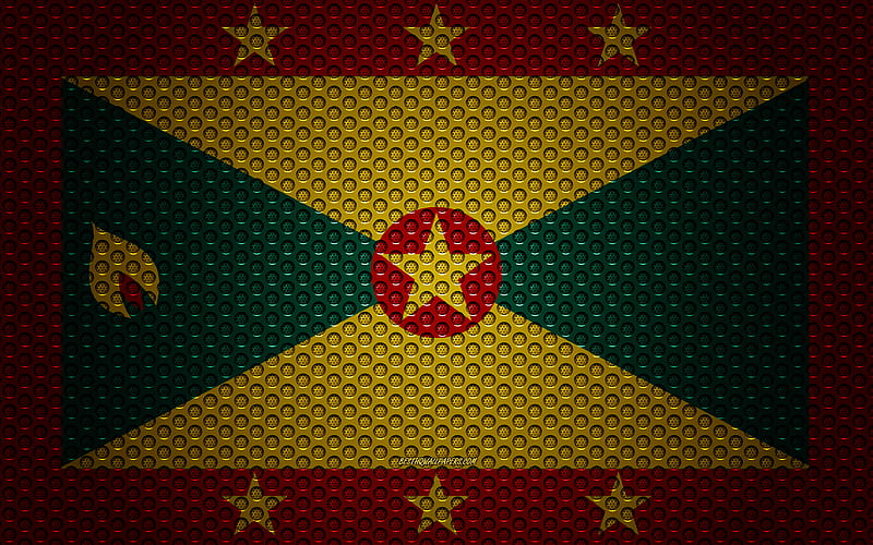Flag of Grenada creative art, metal mesh, Grenada flag, national symbol, metal flag, Grenada, North America, flags of North America countries, HD wallpaper