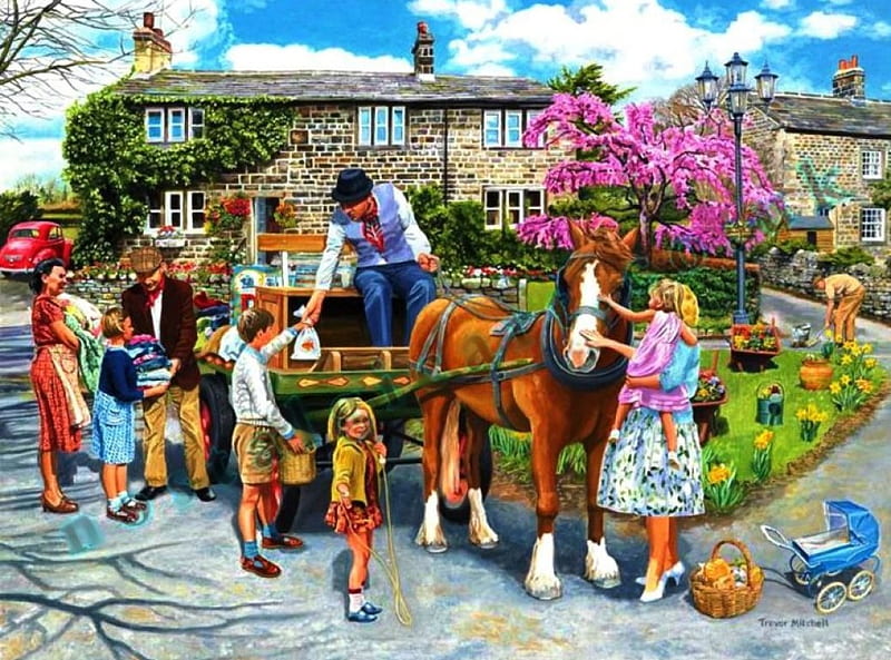 Petting The Horse, countryside, house, painting, children, cart, artwork, People, HD wallpaper
