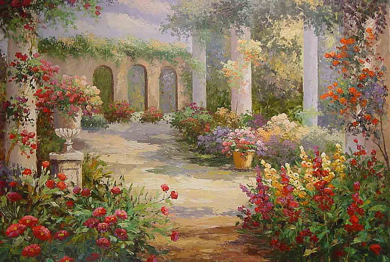 A Stroll In Beauty, pillars, planters, walkways, flowers, gardens, vines, garden, luxury, HD wallpaper