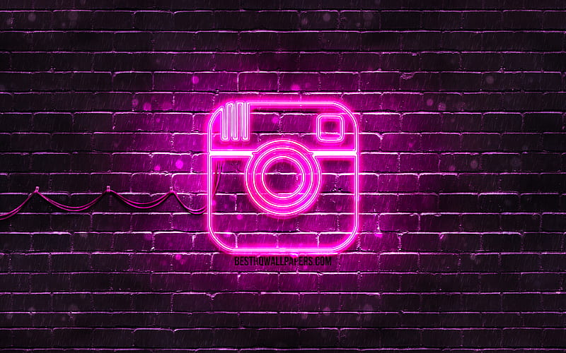 Instagram purple logo purple brickwall, Instagram logo, brands, Instagram neon logo, Instagram, HD wallpaper