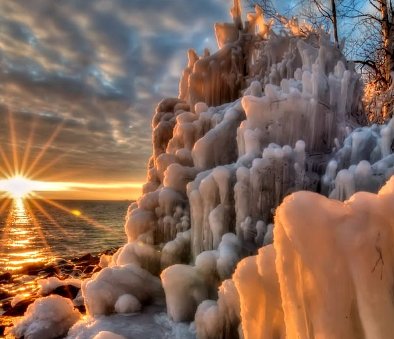 Lake Superior Sunset, Lake, Nature, Sunset, Winter, HD wallpaper