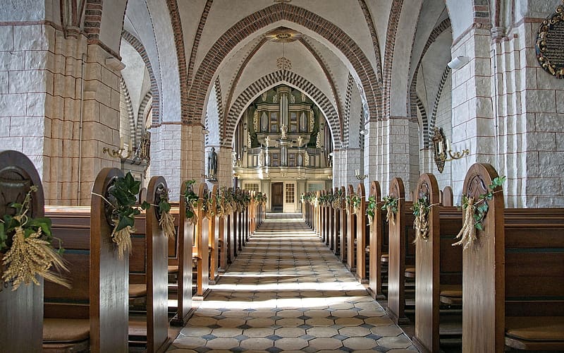 Church, columns, masonry, doors, organ, interior, HD wallpaper