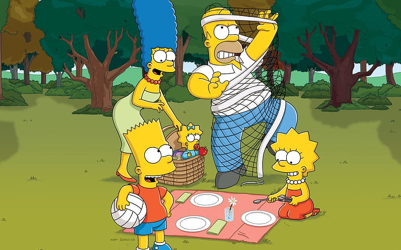 The Simpsons, family, forest, Simpsons, picnic, HD wallpaper