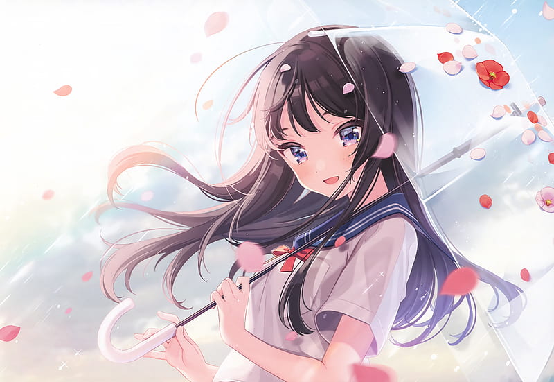 Anime, Girl, Black Hair, Blue Eyes, Long Hair, School Uniform, Umbrella, HD  wallpaper | Peakpx