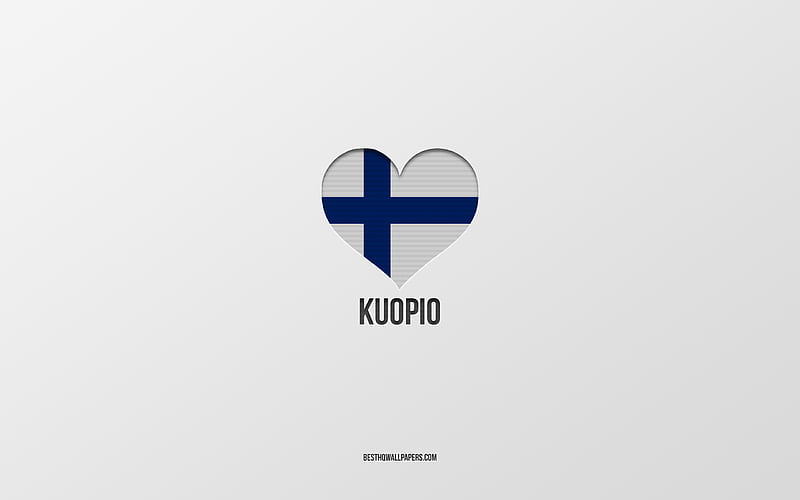 I Love Kuopio, Finnish cities, gray background, Kuopio, Finland, Finnish flag heart, favorite cities, Love Kuopio, HD wallpaper