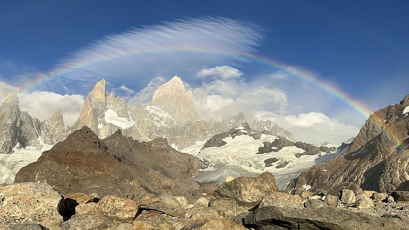 Rainbow Over Fitz Roy, mountains, rocks, landscaoe, clouds, patagonia, sky, HD wallpaper