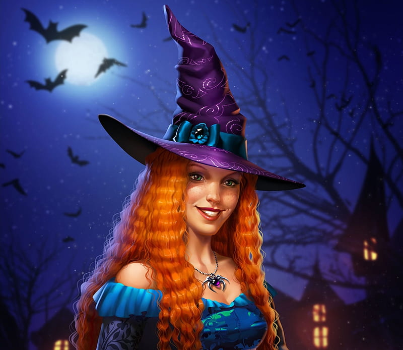 Fantasy, Witch, Bat, Night, Redhead, Witch Hat, HD wallpaper