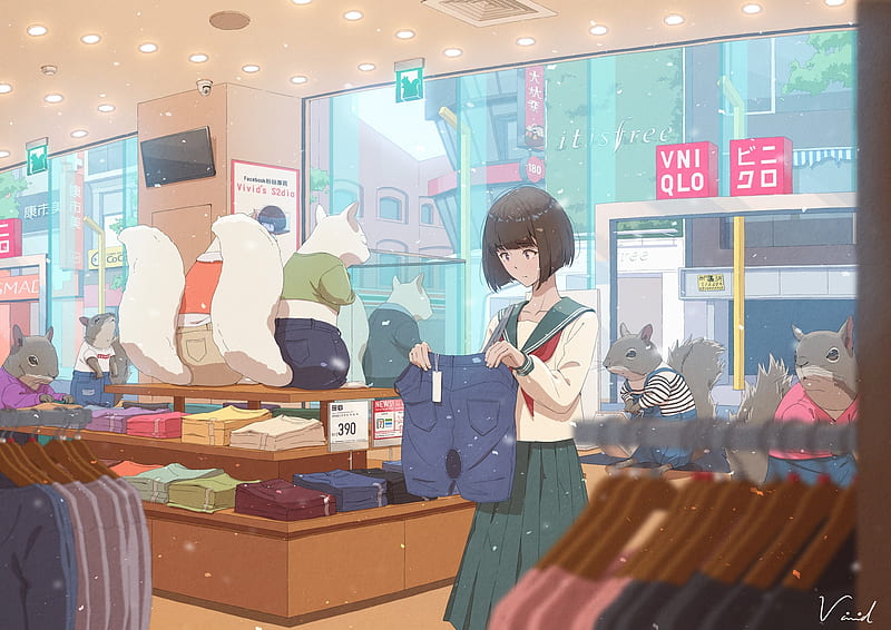 cute anime girl, school uniform, short brown hair, shopping, squirrels, Anime, HD wallpaper