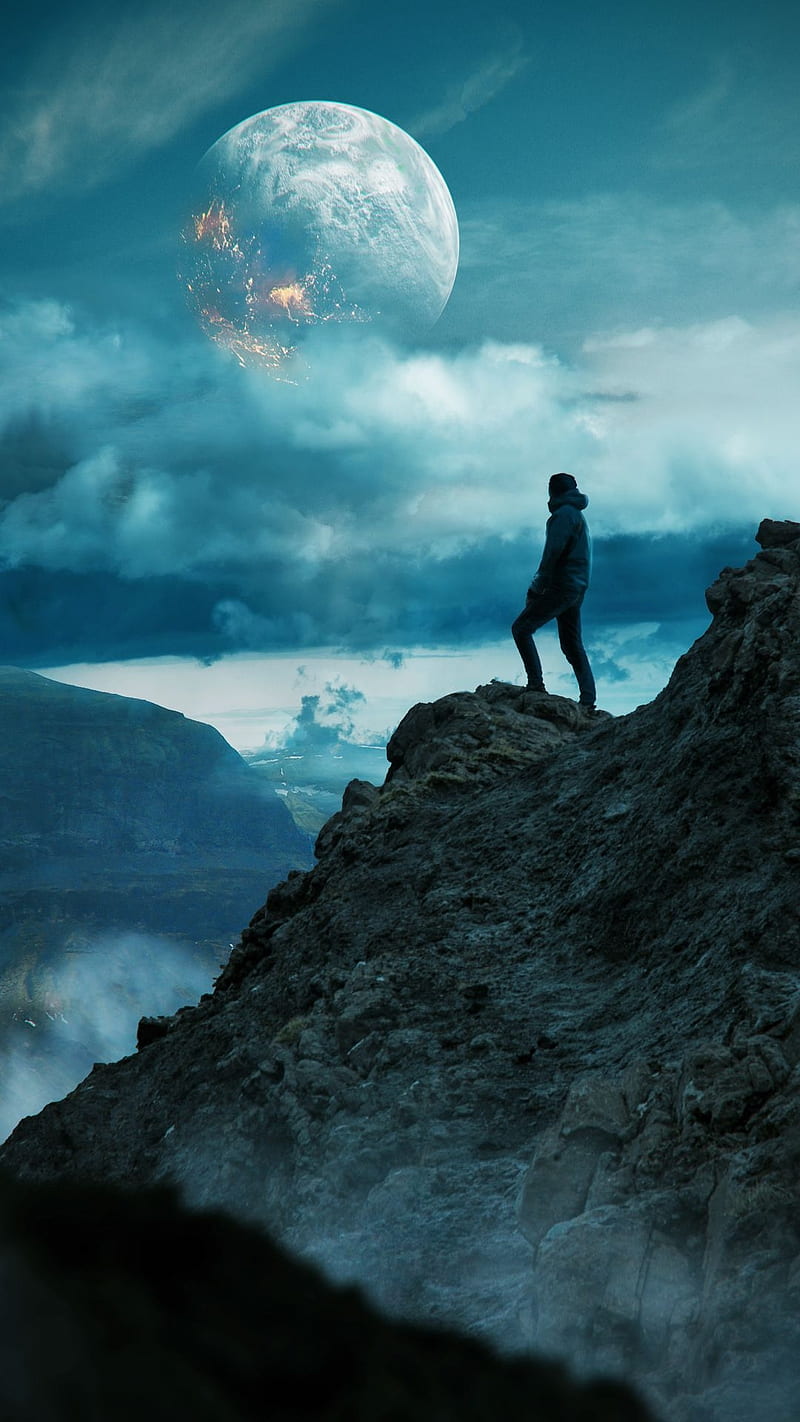 Highest point, alone, blue, edge, man, moon, mountains, nature, sky, HD phone wallpaper