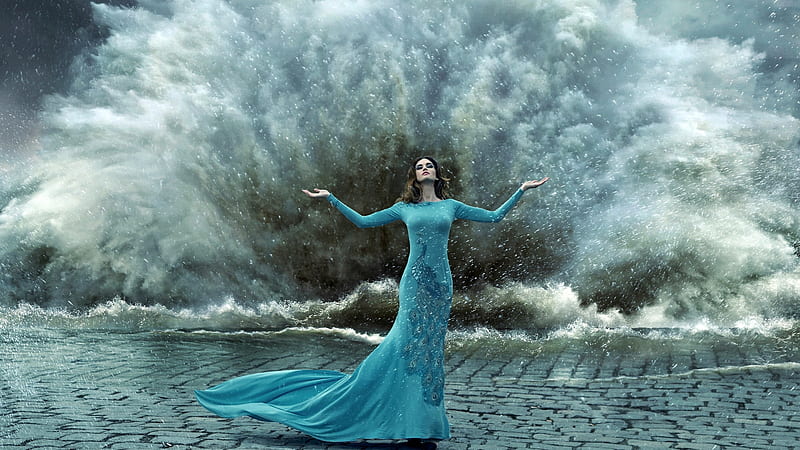 Model in Blue with Giant Wave in the Background, brunette, illusion, model, wave, HD wallpaper
