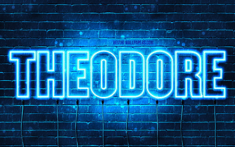 Theodore with names, horizontal text, Theodore name, blue neon lights, with Theodore name, HD wallpaper