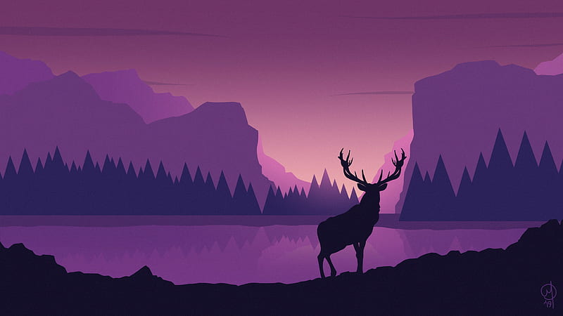 deer, art, vector, mountains, landscape, HD wallpaper