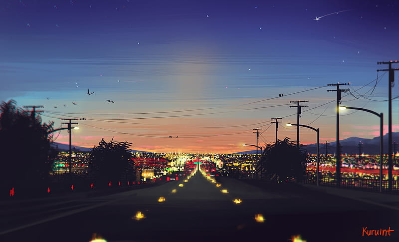 road, mood, lights, sunset, stars, City, HD wallpaper