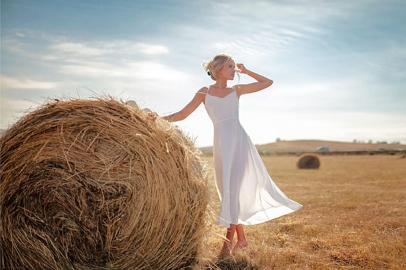 Blonde Posing in a Hayfield, hay bale, model, dress, blonde, HD wallpaper