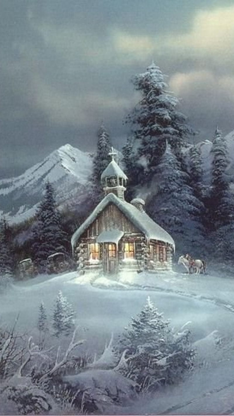 ChurchInWinter, church, steeple, snow, scenic, woodsy, HD phone wallpaper