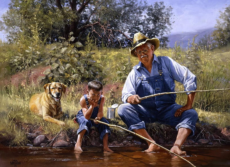 Fishin' with Grandpa', granfather, man, fisher, hat, jack sorenson, boy, water, vara, copil, painting, summer, child, pictura, dog, HD wallpaper