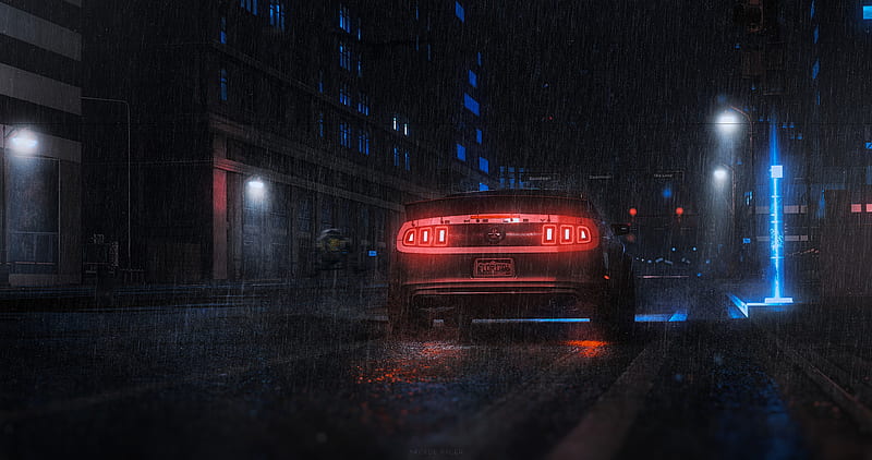 sports car, car, rear view, neon, rain, HD wallpaper