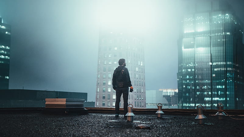 Guy Looks Skyscrapers Istanbul Boy Background Stock Photo