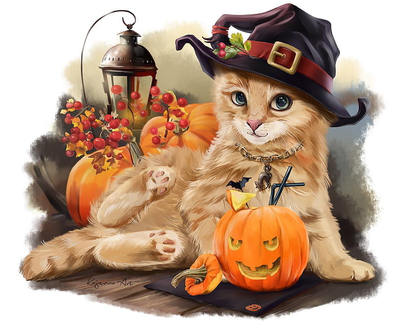 Pumpkin time, art, lorri kajenna, luminos, orange, halloween, ginger, black, cat, animal, hat, cute, pumpkin, digital, kitten, pisica, HD wallpaper