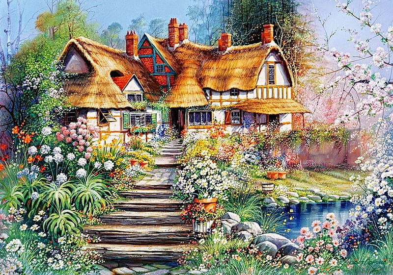Summer Cottage, pond, house, painting, flowers, stairs, garden, artwork, HD wallpaper
