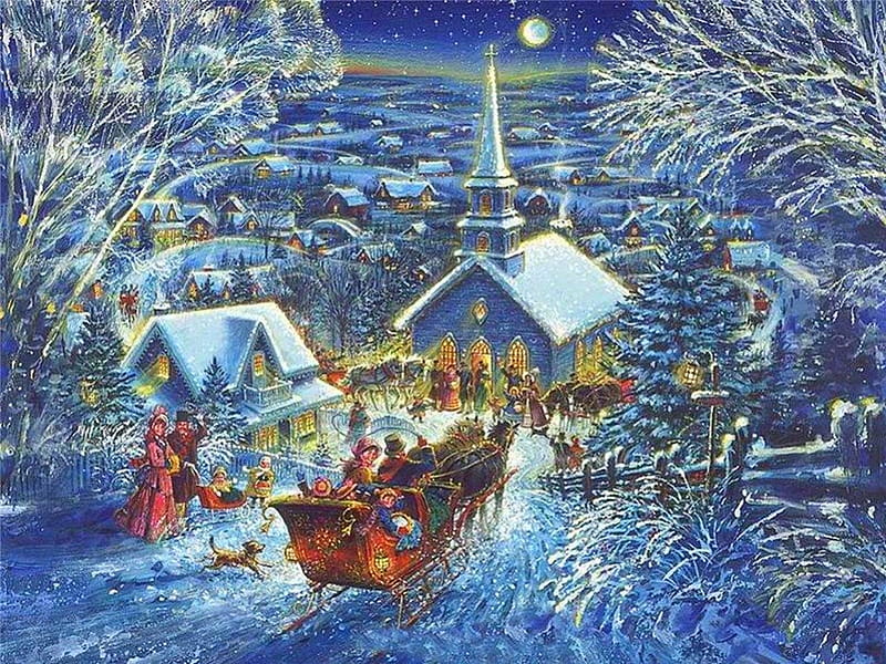 Beautiful christmas worship, colorful, christmas, bonito, church, winter, enchanting, merry christmas, splendor, snow, magical, peaceful, color, blue, HD wallpaper