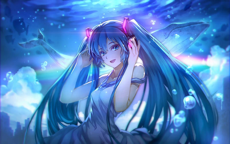 Air Aquarium, pretty, fish, hatsune miku, bonito, adorable, sweet, nice, fantasy, twin tail, anime, bubbles, beauty, anime girl, long hair, blue, vocaloid, underwater, female, lovely, twintail, miku, smile, twintails, smiling, twin tails, happy, cute, hatsune, kawaii, water, girl, HD wallpaper