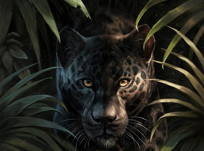 Black Jaguar, fantasy, green, black, jungle, jaguar, rajewel, panther, art, luminos, animal, HD wallpaper