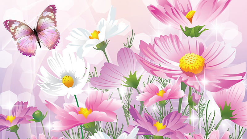 Flowers in the Wild, wild flowers, fresh, spring, daisies, butterfly, summer, chamomile, cosmos, pink, HD wallpaper