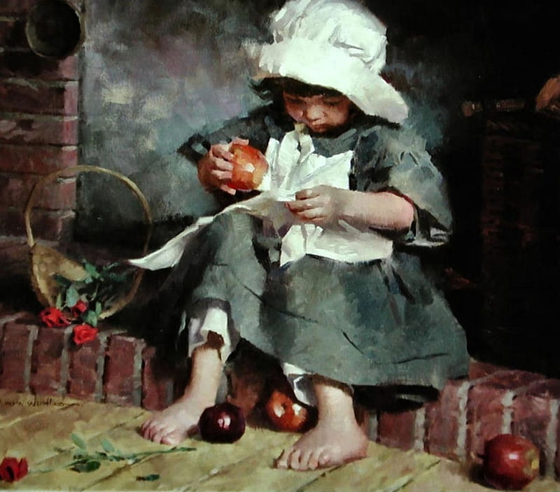 Apple Polisher , art, apples, little girl, painting, wide screen, portrait, artwork, HD wallpaper