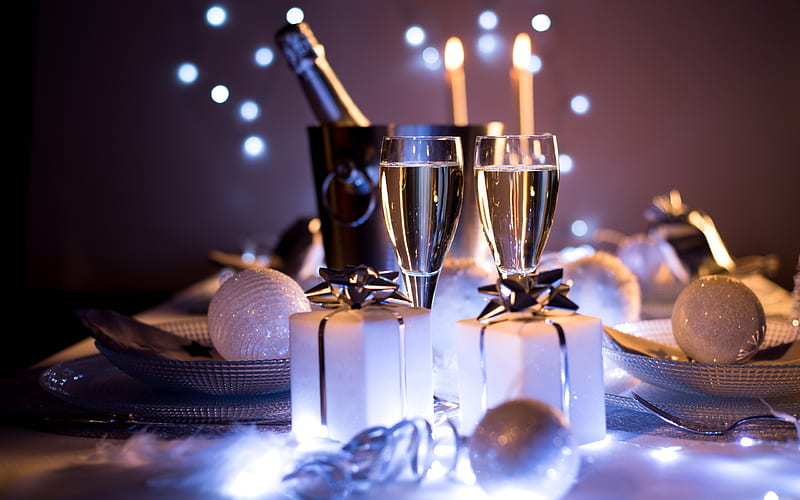 Happy New Year, 2018, champagne, evening, white lights, Christmas, HD wallpaper